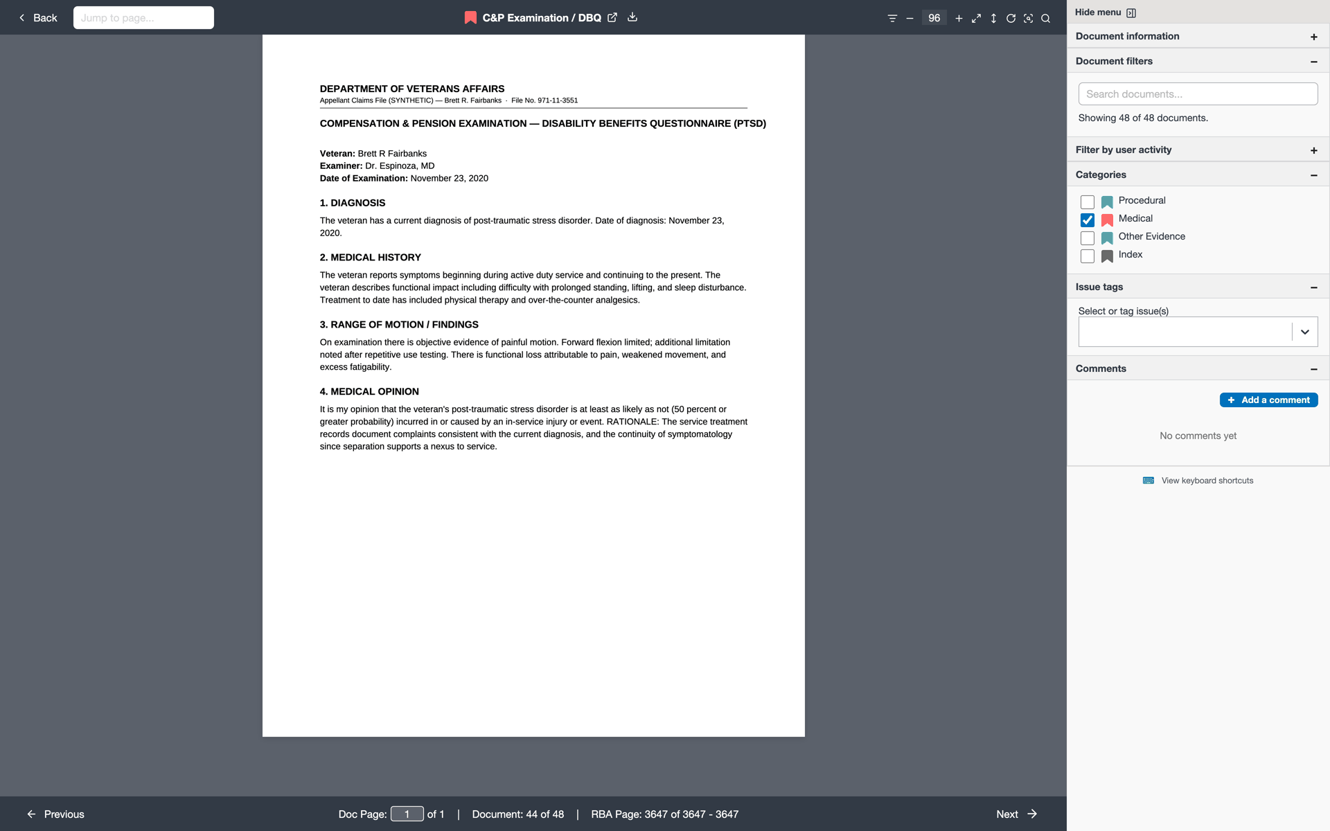 The Adjudicate Reader rendering a page of a case file — a C&P examination — with the document sidebar and page navigation.
