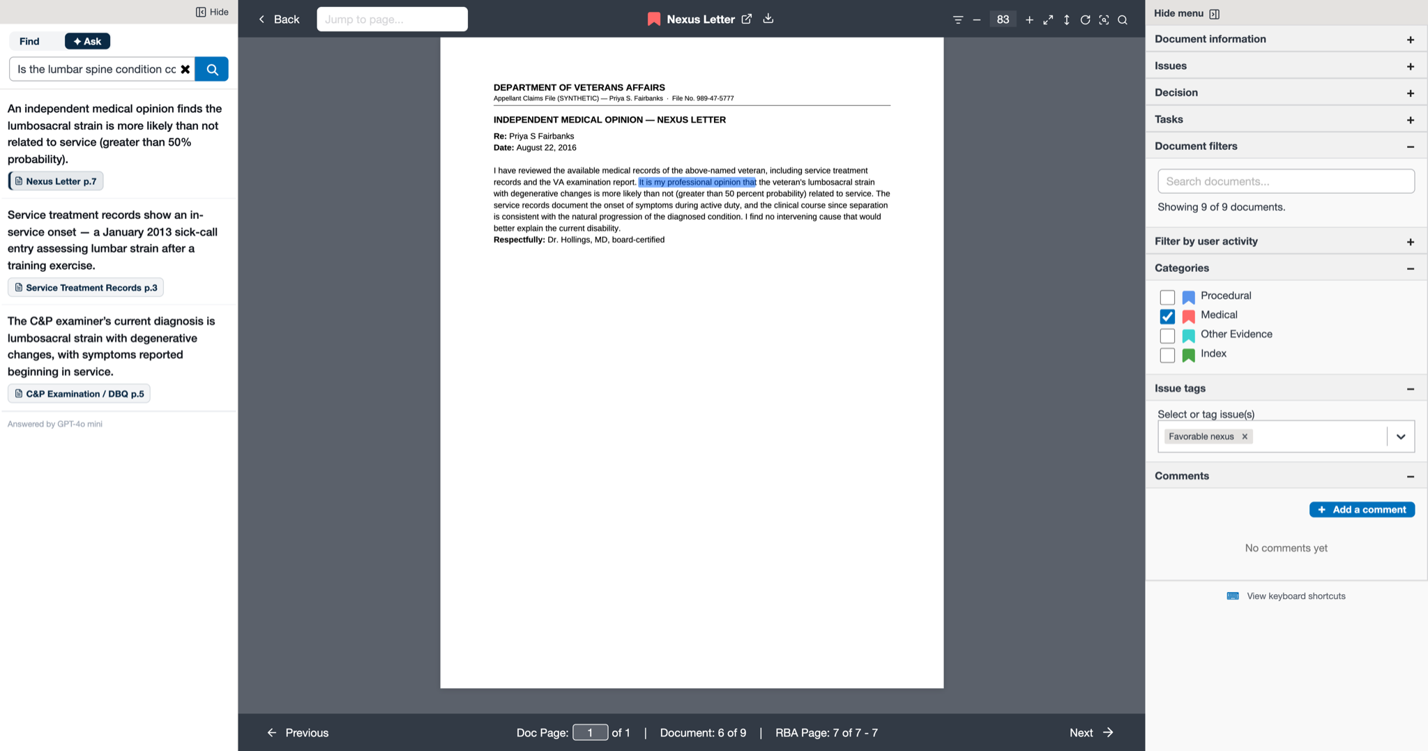The Adjudicate Reader in Ask mode on a fully synthetic appeal — a question answered as grounded claims, each citing the exact page in the record (Nexus Letter p.7, Service Treatment Records p.3, C&P Examination p.5); the cited span lights up on the open document.